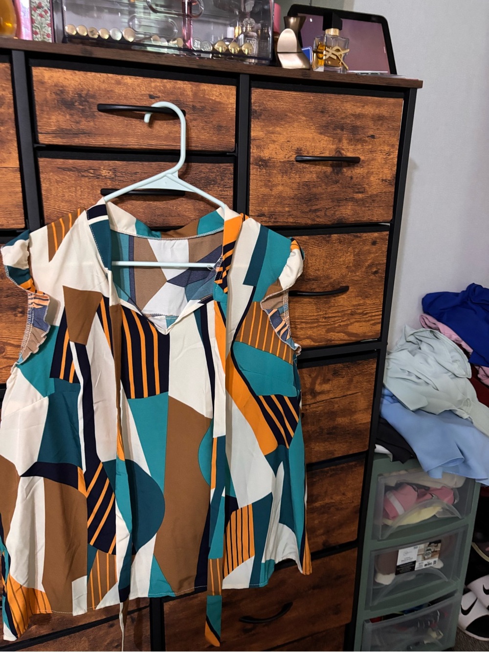 Geometric Print Cap-Sleeve Dress in Teal, Brown & Cream